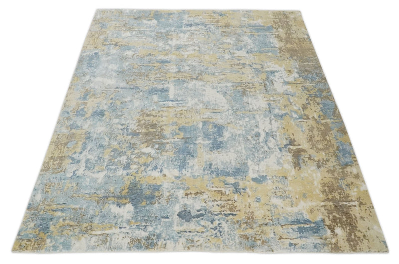 8x10 Modern Abstract Blended wool and Art silk Ivory, Teal and Beige Hand Loomed Area Rug - The Rug Decor