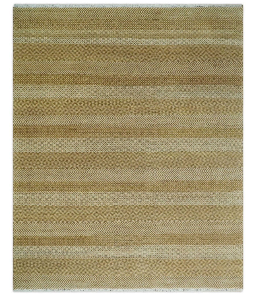 8x10 Modern Geometric Trellis Scandinavian Hand Knotted Beige, Camel and Ivory Wool Area Rug - The Rug Decor