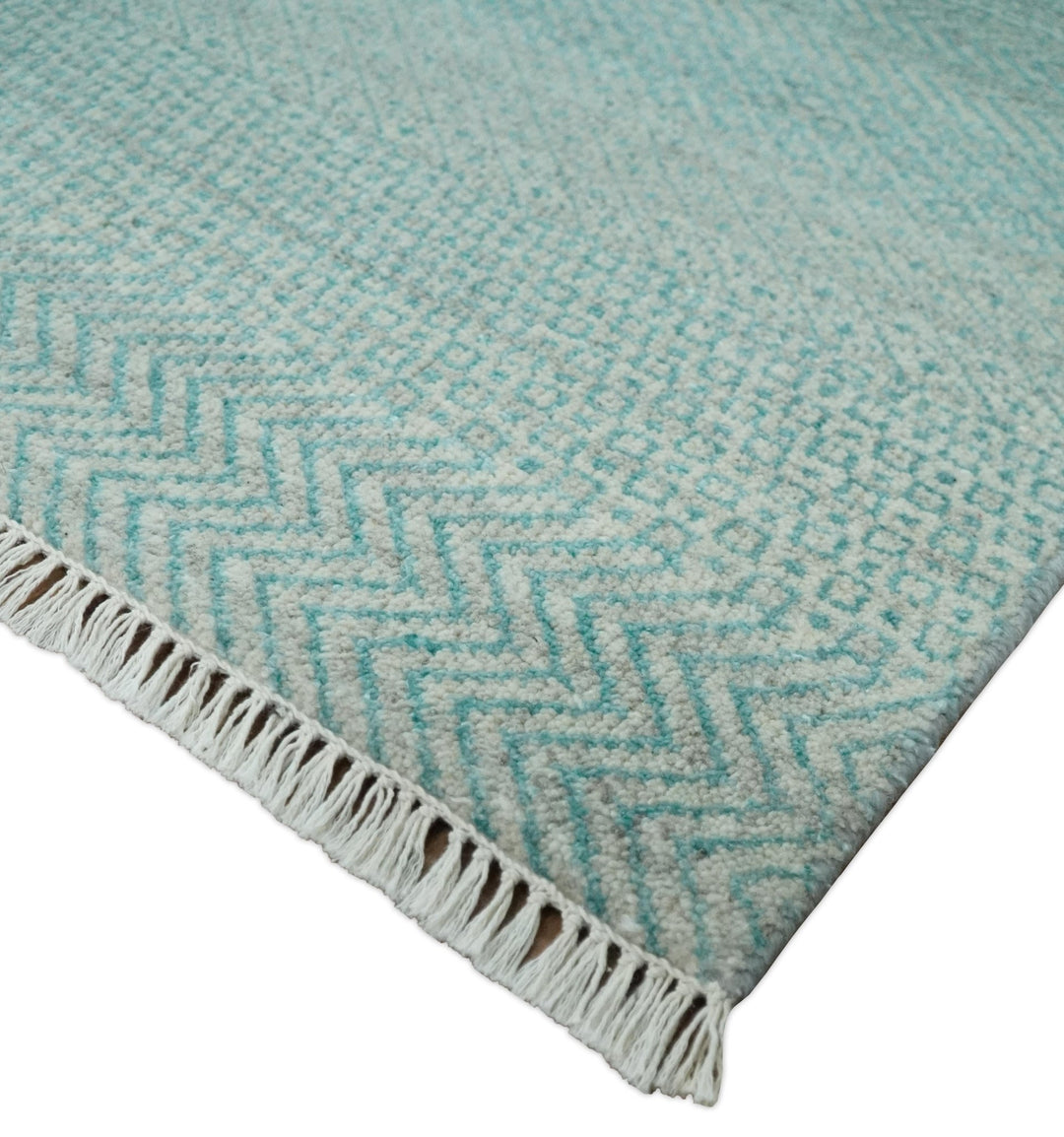8x10 Modern Geometric Trellis Scandinavian Hand Knotted Blue and Ivory Wool Area Rug | TRDCP937810 - The Rug Decor