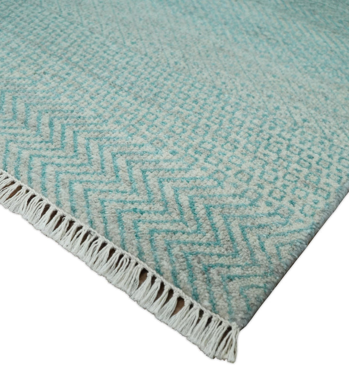 8x10 Modern Geometric Trellis Scandinavian Hand Knotted Blue and Ivory Wool Area Rug | TRDCP937810 - The Rug Decor