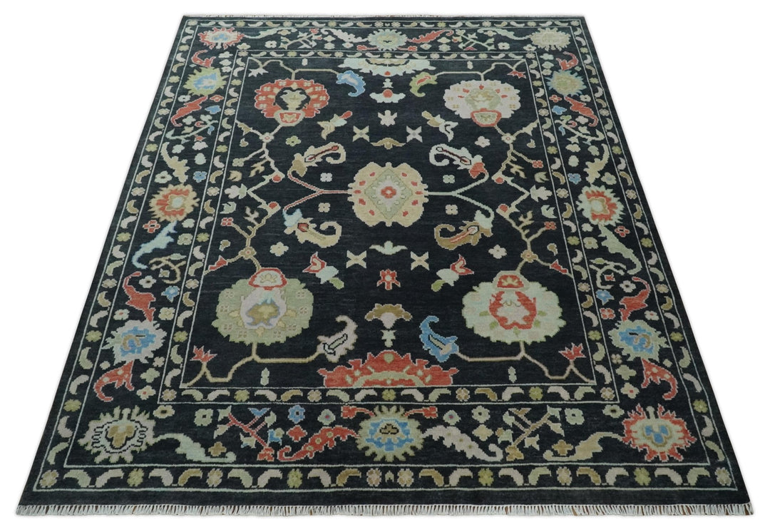 8x10 Modern Hand Knotted Black and Multicolor Traditional Oushak Wool Area Rug - The Rug Decor