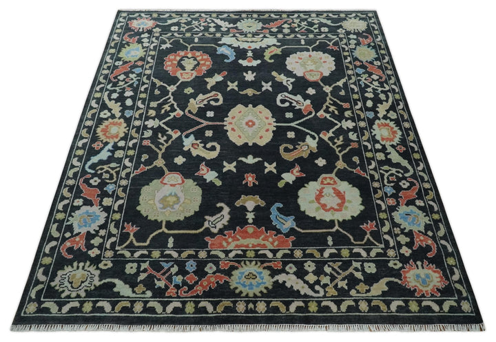 8x10 Modern Hand Knotted Black and Multicolor Traditional Oushak Wool Area Rug - The Rug Decor