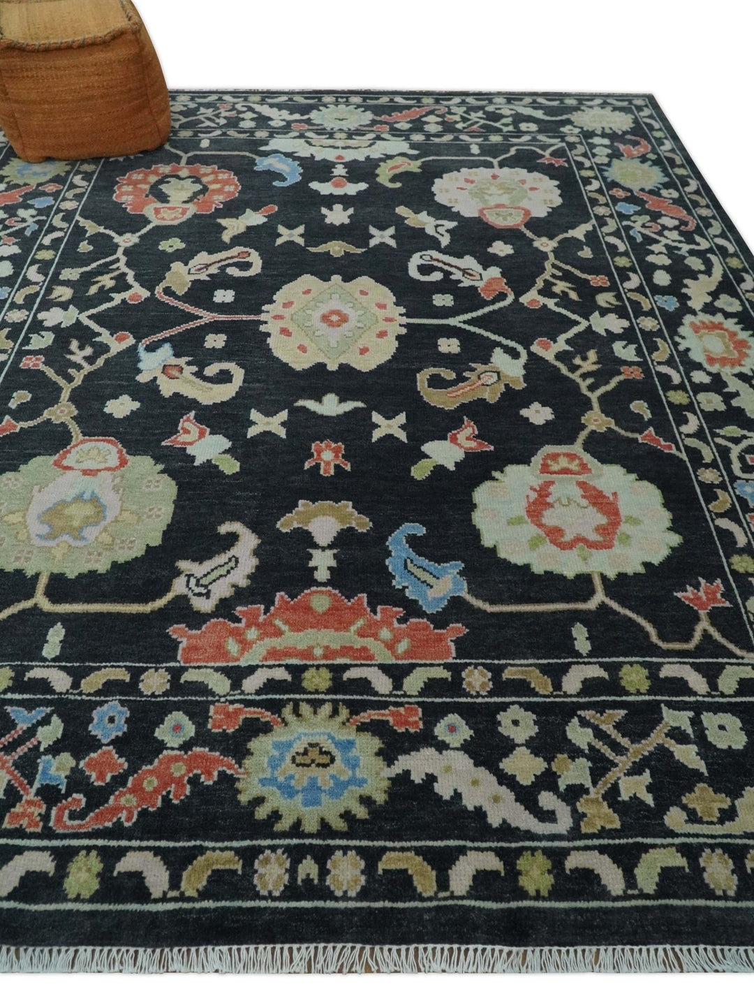 8x10 Modern Hand Knotted Black and Multicolor Traditional Oushak Wool Area Rug - The Rug Decor