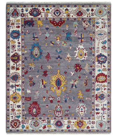8x10 Modern Oushak Hand Knotted Persian Purple and Ivory Colorful Wool Area Rug | TRDCP841810 - The Rug Decor