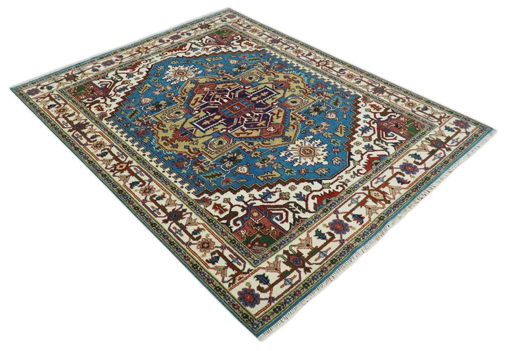 8x10 Olive, Blue and Ivory Heriz Serapi Hand knotted Traditional wool Area Rug - The Rug Decor