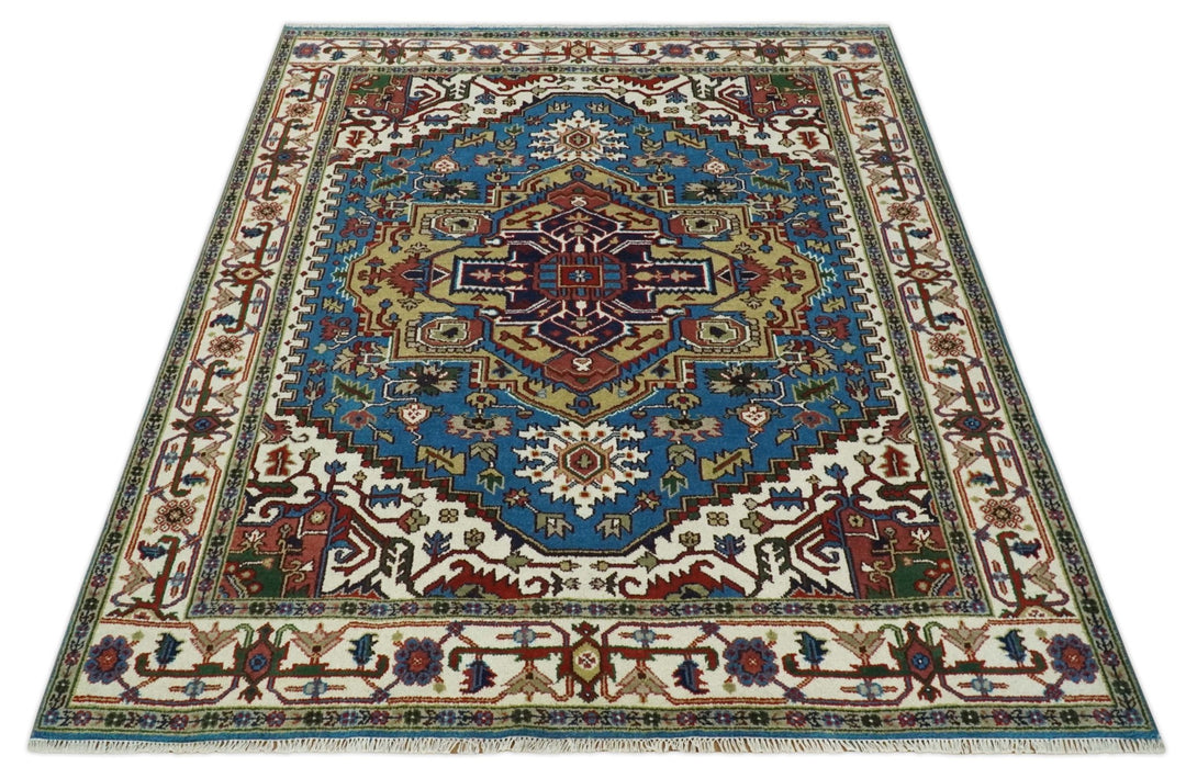 8x10 Olive, Blue and Ivory Heriz Serapi Hand knotted Traditional wool Area Rug - The Rug Decor