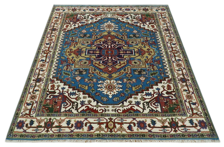 8x10 Olive, Blue and Ivory Heriz Serapi Hand knotted Traditional wool Area Rug - The Rug Decor