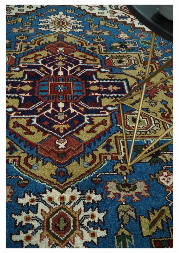 8x10 Olive, Blue and Ivory Heriz Serapi Hand knotted Traditional wool Area Rug - The Rug Decor