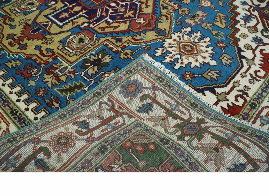 8x10 Olive, Blue and Ivory Heriz Serapi Hand knotted Traditional wool Area Rug - The Rug Decor