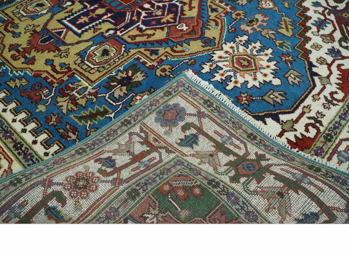 8x10 Olive, Blue and Ivory Heriz Serapi Hand knotted Traditional wool Area Rug - The Rug Decor