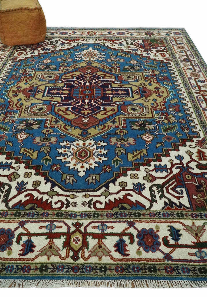 8x10 Olive, Blue and Ivory Heriz Serapi Hand knotted Traditional wool Area Rug - The Rug Decor