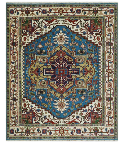 8x10 Olive, Blue and Ivory Heriz Serapi Hand knotted Traditional wool Area Rug - The Rug Decor