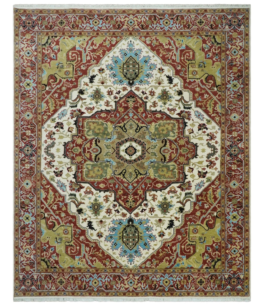 8x10 Olive, Rust and Ivory Heriz Serapi Traditional Vintage Antique Hand Knotted Wool Area Rug | TRDCP1363810 - The Rug Decor