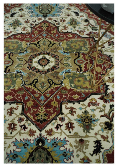 8x10 Olive, Rust and Ivory Heriz Serapi Traditional Vintage Antique Hand Knotted Wool Area Rug | TRDCP1363810 - The Rug Decor