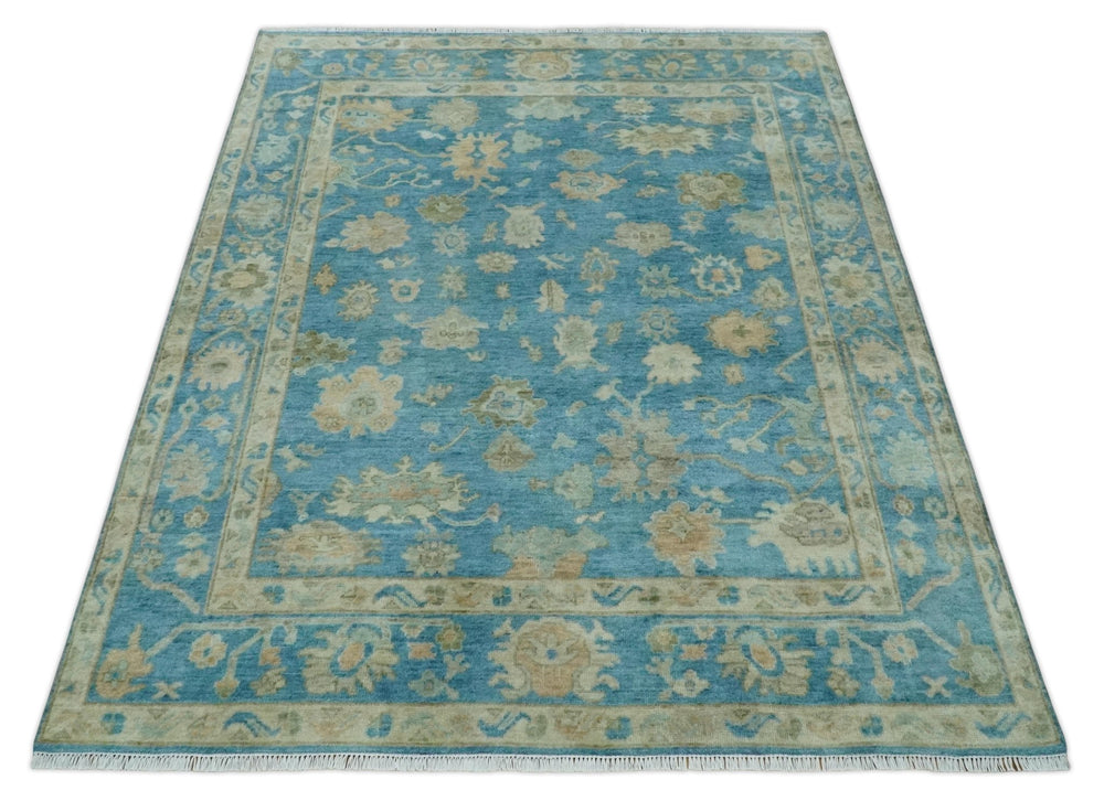 8x10 Oushak Hand Knotted Blue and Beige Traditional Wool Rug - The Rug Decor