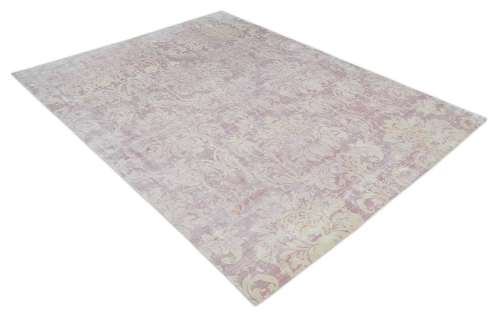 8x10 Pink and Beige Hand Loomed Damask Design Bamboo Silk Area Rug | AE30810 - The Rug Decor