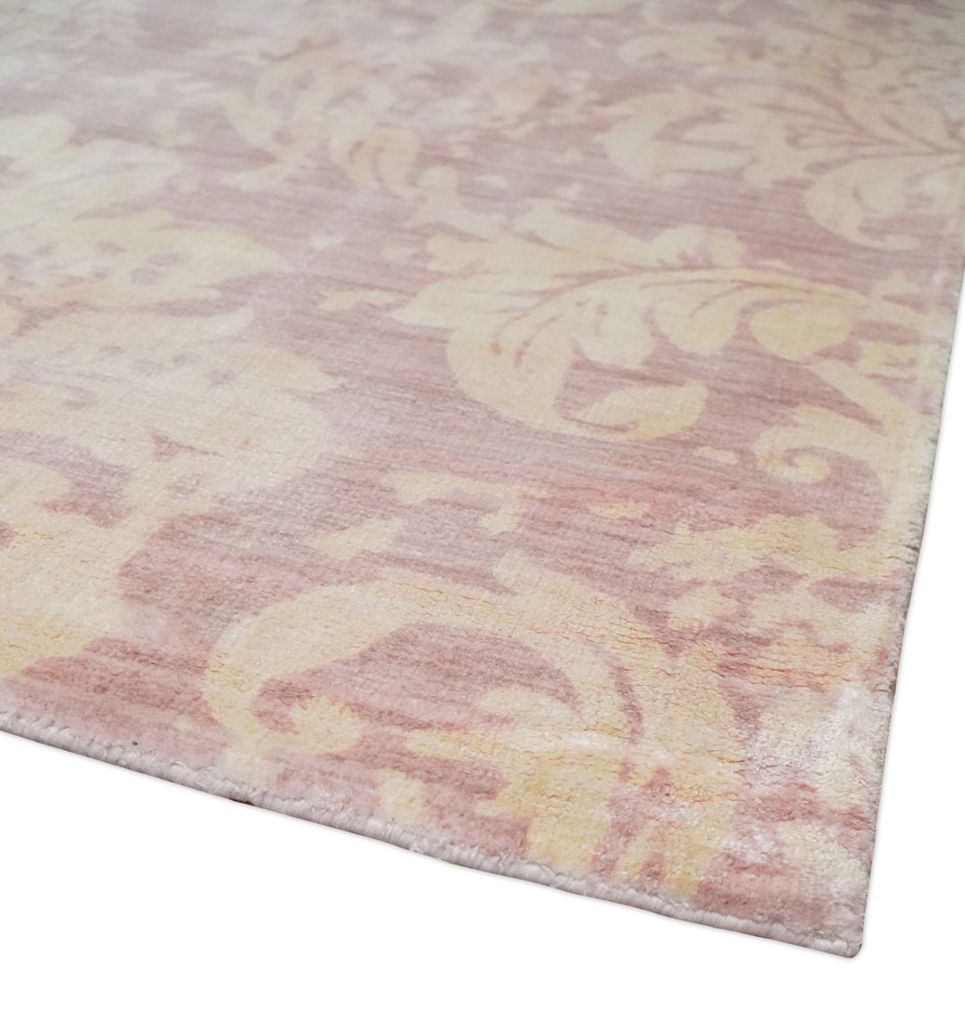 8x10 Pink and Beige Hand Loomed Damask Design Bamboo Silk Area Rug | AE30810 - The Rug Decor