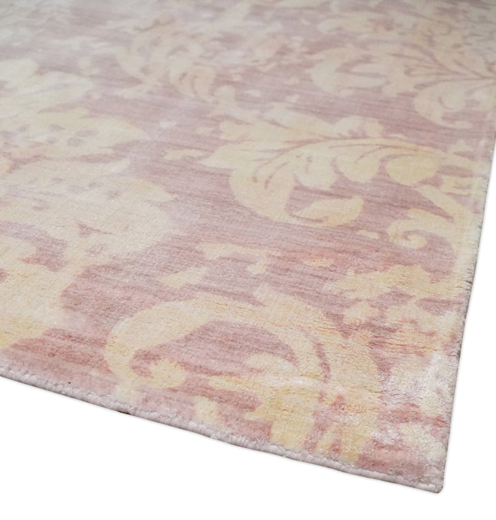 8x10 Pink and Beige Hand Loomed Damask Design Bamboo Silk Area Rug | AE30810 - The Rug Decor