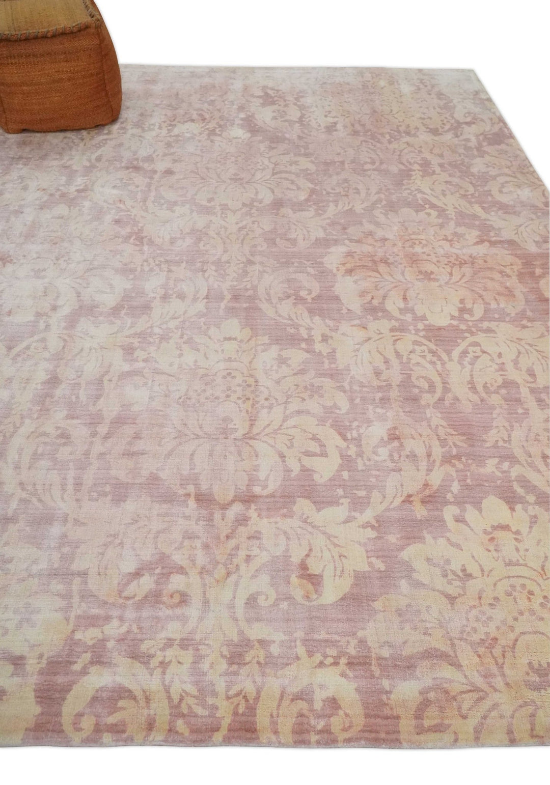 8x10 Pink and Beige Hand Loomed Damask Design Bamboo Silk Area Rug | AE30810 - The Rug Decor