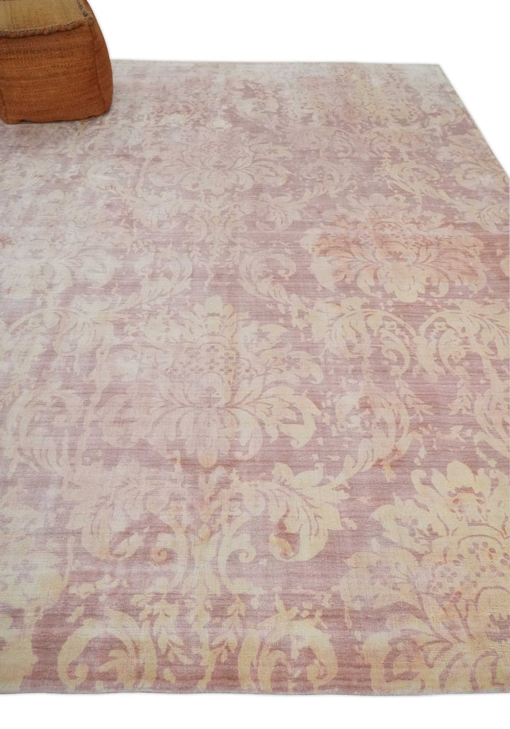 8x10 Pink and Beige Hand Loomed Damask Design Bamboo Silk Area Rug | AE30810 - The Rug Decor