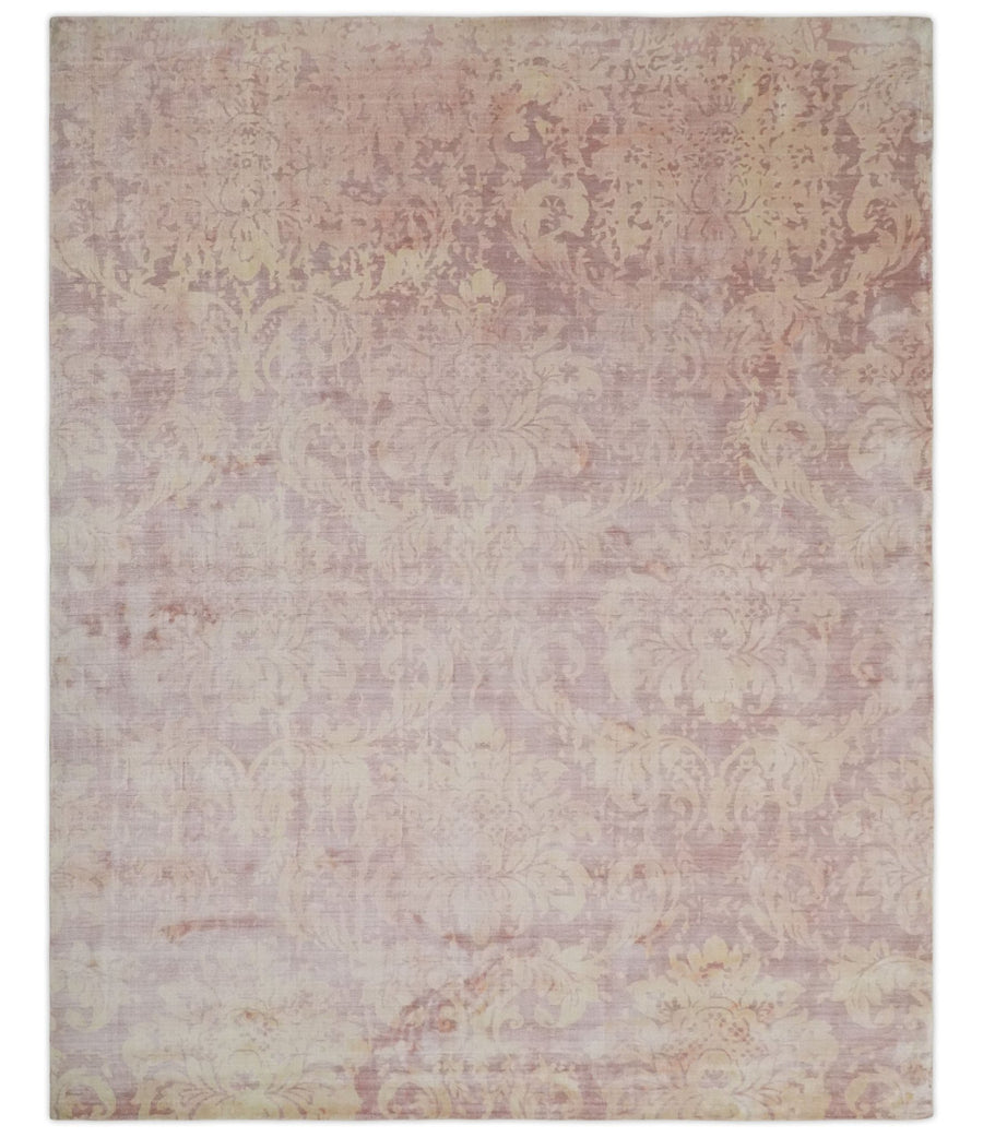 Loomed 8x10 Pink and Beige Hand Loomed Damask Design Bamboo Silk Area Rug