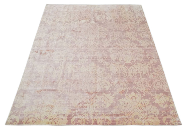 8x10 Pink and Beige Hand Loomed Damask Design Bamboo Silk Area Rug | AE30810 - The Rug Decor