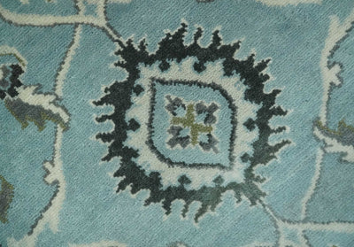 8x10 Premium Aqua, Ivory and Green Traditional Floral Hand knotted wool Area Rug - The Rug Decor