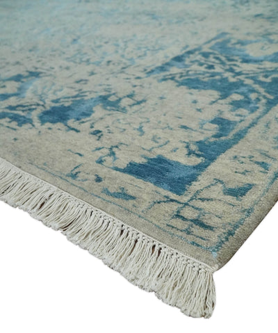 8x10 Premium Hand knotted Blue and Beige Traditional wool and Silk Area Rug - The Rug Decor