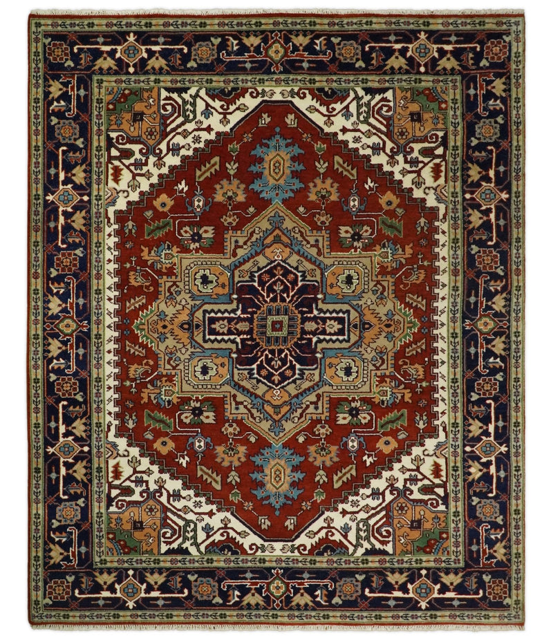 8x10 Rust and Blue Hand Knotted Traditional Antique Persian Design Wool Rug | TRDCP582810 - The Rug Decor