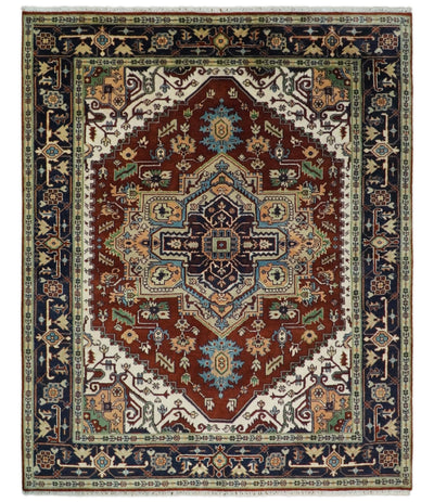 8x10 Rust and Blue Hand Knotted Traditional Antique Persian Design Wool Rug | TRDCP582810 - The Rug Decor