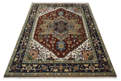 8x10 Rust and Blue Hand Knotted Traditional Antique Persian Design Wool Rug | TRDCP582810 - The Rug Decor