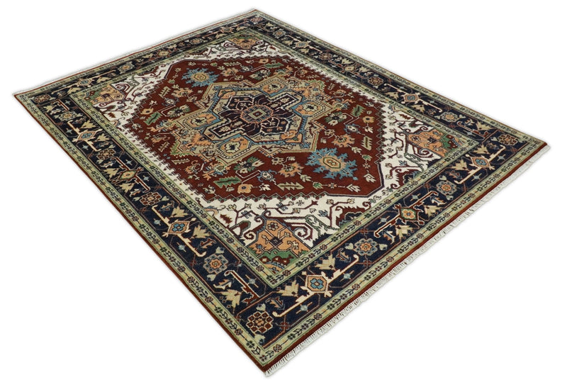 8x10 Rust and Blue Hand Knotted Traditional Antique Persian Design Wool Rug | TRDCP582810 - The Rug Decor