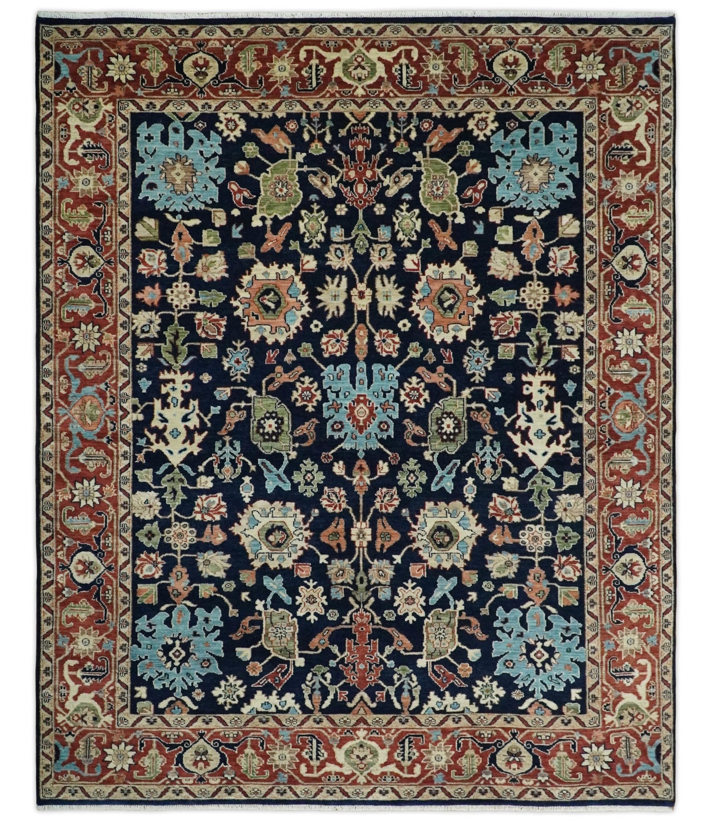 8x10 Rust and Blue Hand Knotted Traditional Antique Turkish Vintage Wool Rug | TRDCP540810 - The Rug Decor