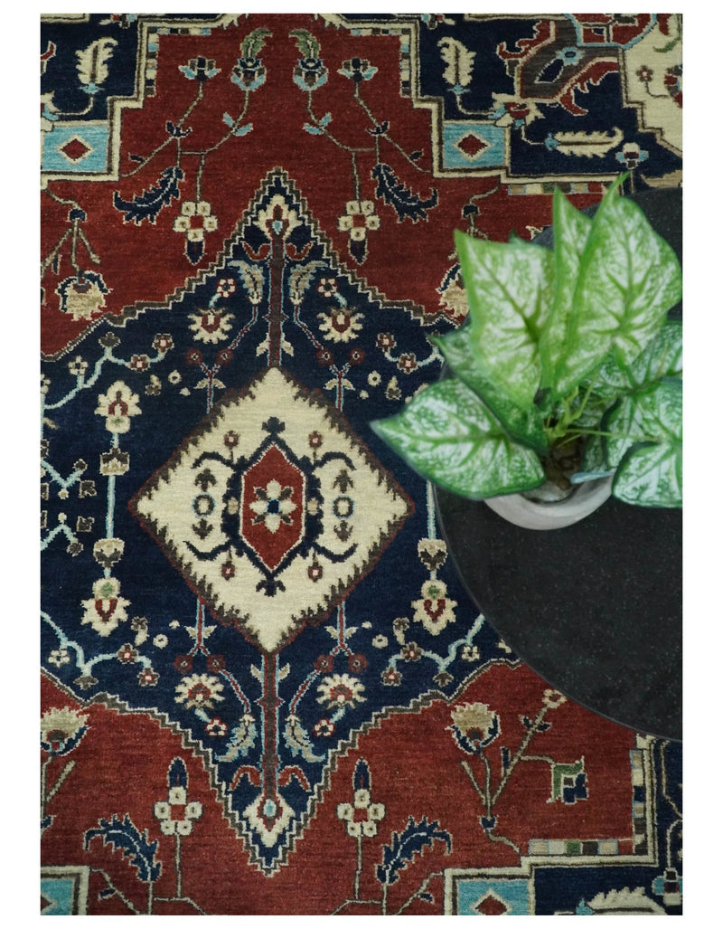 8x10 Rust and Blue Hand Knotted Traditional Antique Turkish Vintage Wool Rug | TRDCP540810 - The Rug Decor