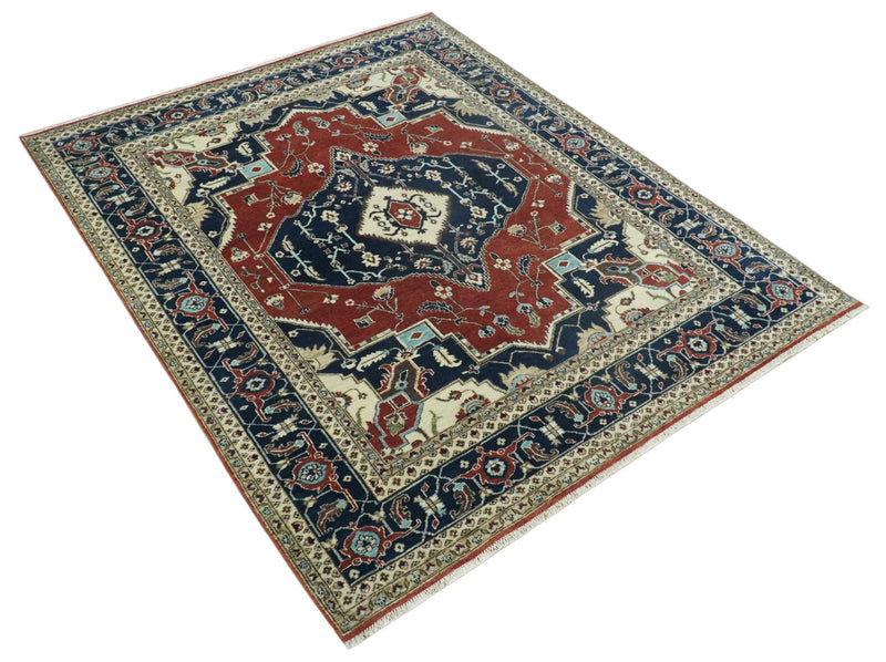 8x10 Rust and Blue Hand Knotted Traditional Antique Turkish Vintage Wool Rug | TRDCP540810 - The Rug Decor
