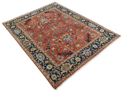 8x10 Rust and Blue Hand Knotted Traditional Antique Turkish Wool Rug | TRDCP533810 - The Rug Decor