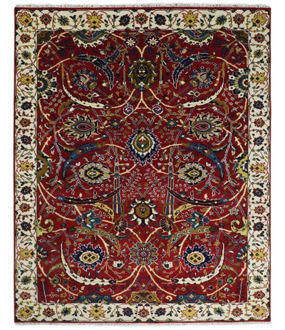 8x10 Rust and Ivory Hand Knotted Traditional Antique Turkish Wool Rug | TRDCP399810 - The Rug Decor