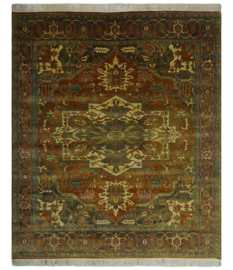 8x10 Rust, Green and Beige Serapi Traditional Vintage Style Hand Knotted Wool Area Rug - The Rug Decor