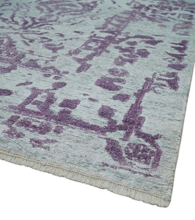8x10 Silver and Purple Modern Abstract Handmade Wool and Bamboo Silk Area Rug - The Rug Decor