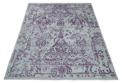 8x10 Silver and Purple Modern Abstract Handmade Wool and Bamboo Silk Area Rug - The Rug Decor