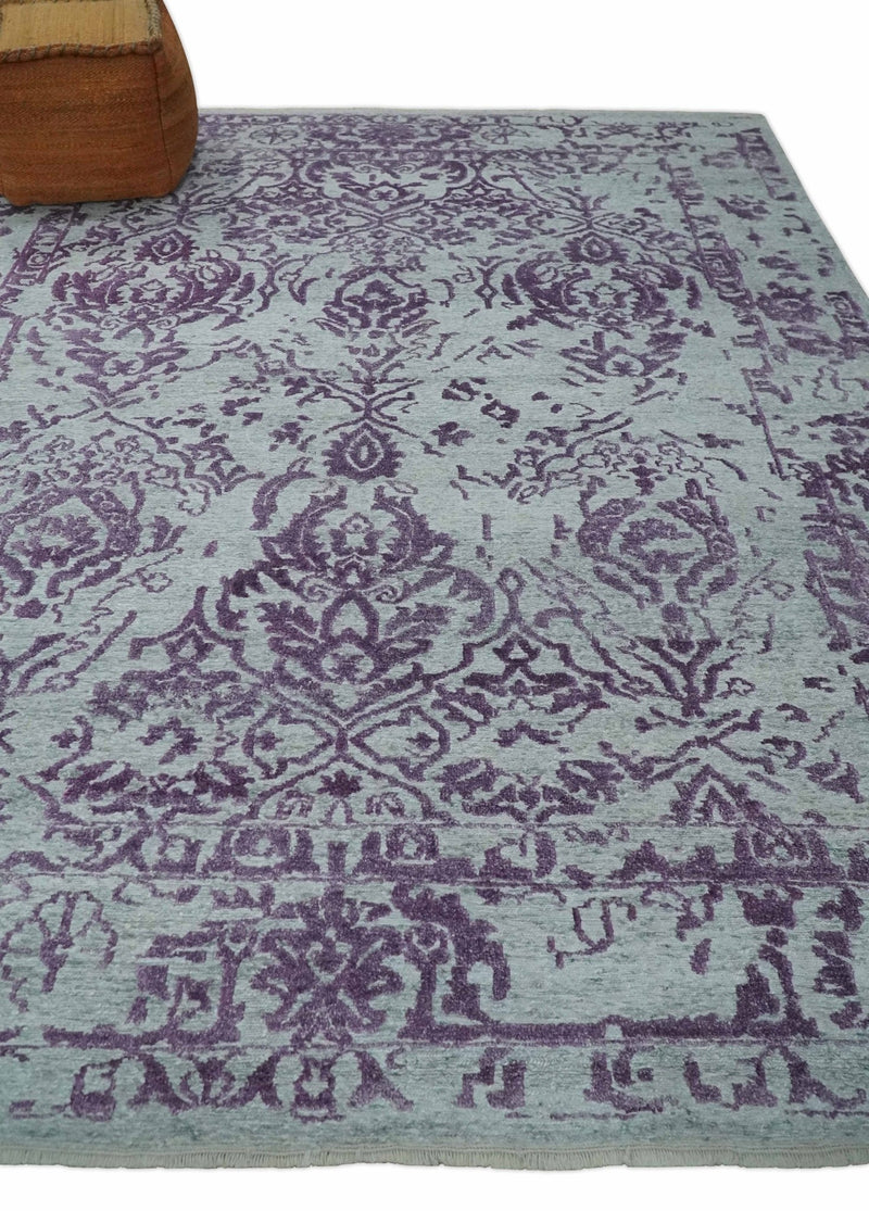 8x10 Silver and Purple Modern Abstract Handmade Wool and Bamboo Silk Area Rug - The Rug Decor
