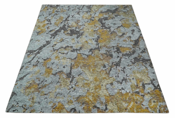 8x10 Silver, Charcoal and Gold Modern Abstract Handmade Wool and Art Silk Area Rug - The Rug Decor