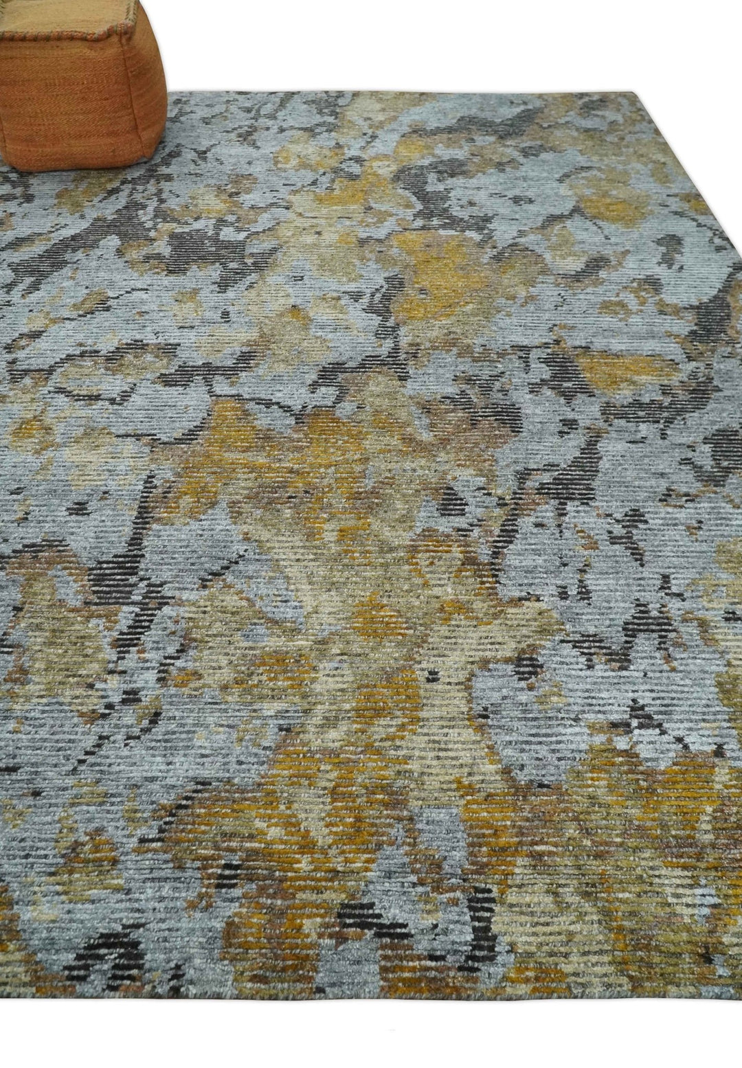 8x10 Silver, Charcoal and Gold Modern Abstract Handmade Wool and Art Silk Area Rug - The Rug Decor