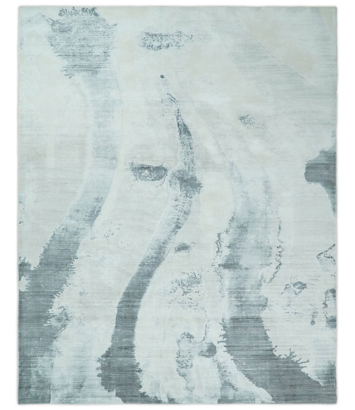 8x10 Silver, Ivory and Charcoal Modern Abstract Hand Loomed Art Silk Area Rug - The Rug Decor