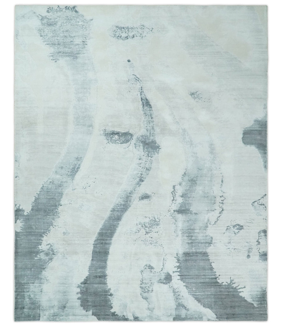 8x10 Silver, Ivory and Charcoal Modern Abstract Hand Loomed Art Silk Area Rug - The Rug Decor