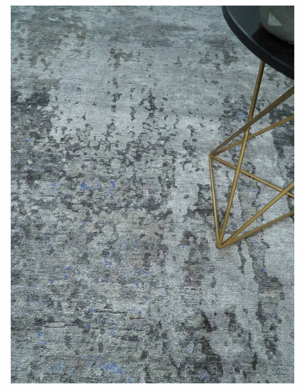 8x10 Silver, Ivory and Charcoal Modern Abstract Handmade Bamboo Silk Area Rug - The Rug Decor