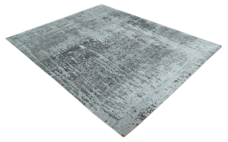 8x10 Silver, Ivory and Charcoal Modern Abstract Handmade Bamboo Silk Area Rug - The Rug Decor