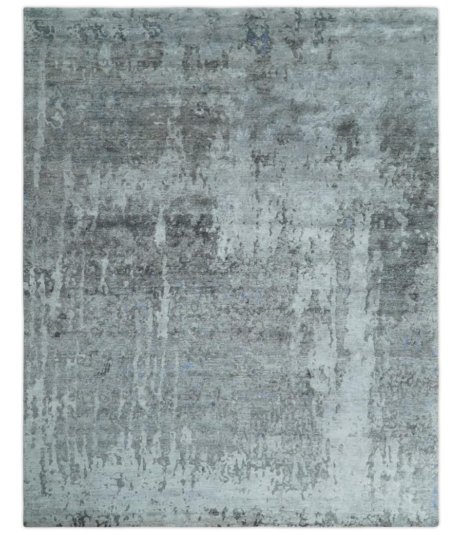 8x10 Silver, Ivory and Charcoal Modern Abstract Handmade Bamboo Silk Area Rug - The Rug Decor