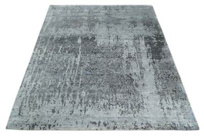 8x10 Silver, Ivory and Charcoal Modern Abstract Handmade Bamboo Silk Area Rug - The Rug Decor