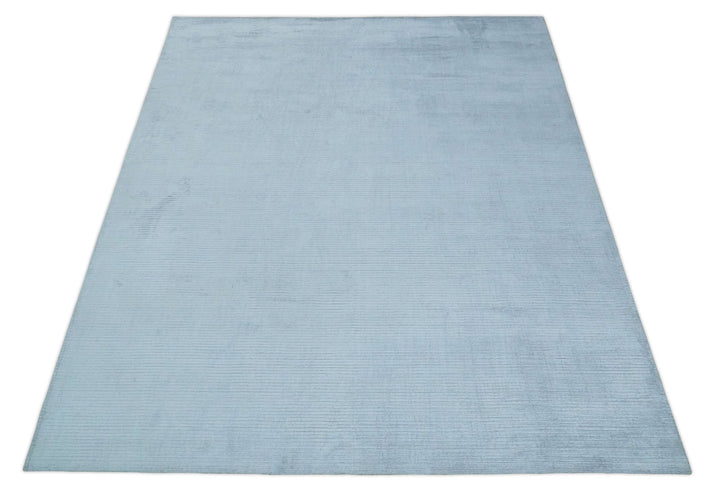 8x10 Solid Plain Blue, Silver Hand Loomed Modern Scandinavian Art Silk Loop Cut Area Rug | AE17810 - The Rug Decor